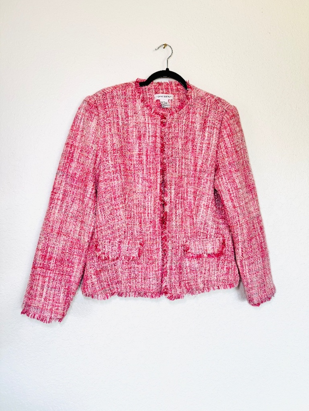 Newport News Blazer Womens 14 Pink Tweed Cropped Chanel-Style Barbie Y2K Vintage